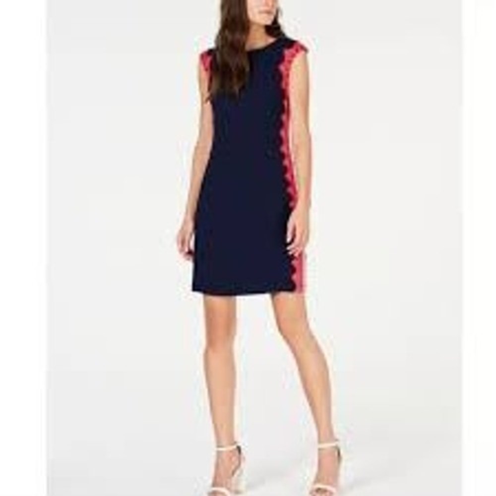 Trina Turk‎ Navy Sheath Dress Size 8 — Pink & Red Lace Trim Cocktail Dress